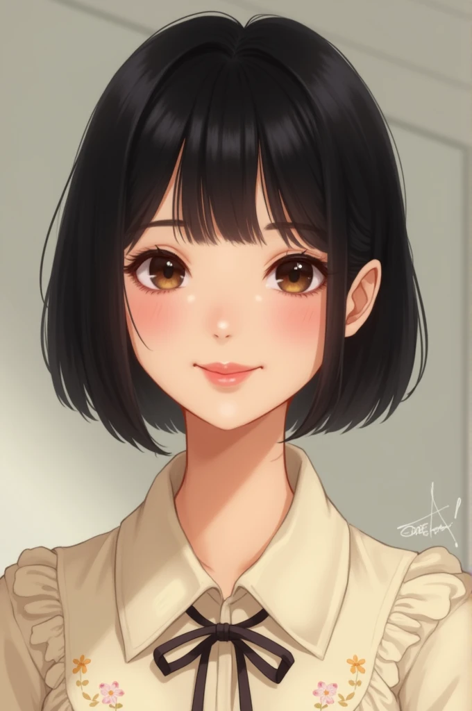 “A portrait of a young woman with short, straight black hair styled in a bob with bangs. She has large, expressive dark eyes, a gentle smile, and a slightly rounded face. She is wearing a light-colored blouse with a subtle floral pattern and a bow tie at the neck. The background is neutral and softly lit, highlighting her warm and approachable expression. The style should be realistic and capture the natural texture of her hair and the softness of her facial features.”
