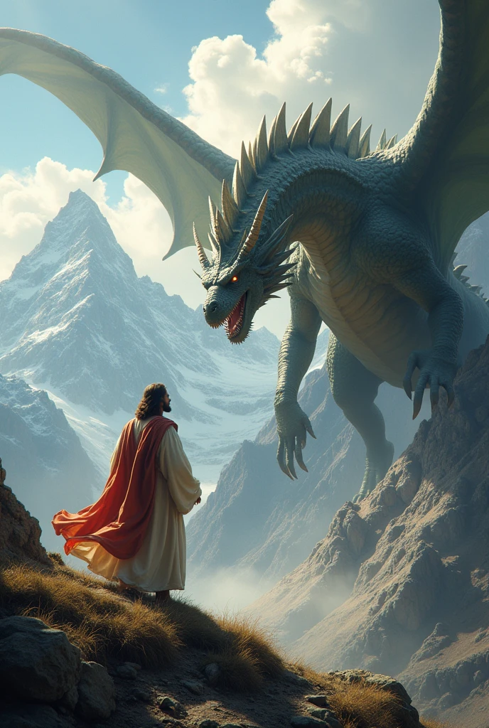 Jesus fighting with dragon with mountain 