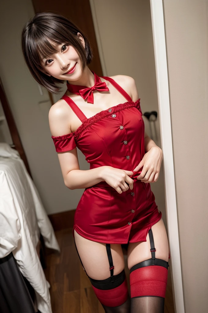 Chisato, One girl, bangs, indoor, short hair, smile, alone, Are standing, Sexy pose, Mid-chest, Red uniform, Garter Straps, stockings, Hands Behind Back, Red side ribbon, Licorice Reaction Uniform,