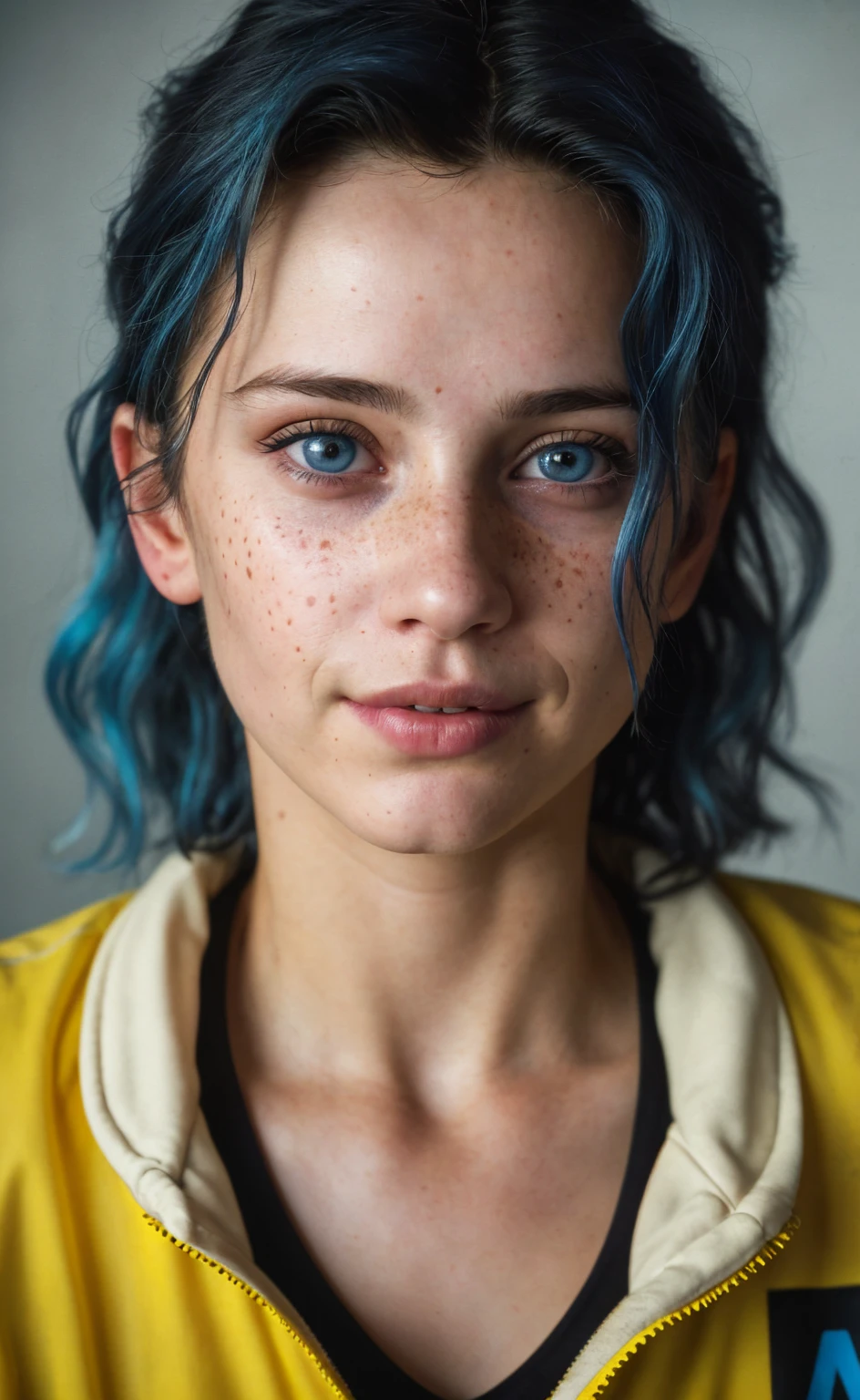 (Close-up, editorial photograph of a 21 year old woman), (highly detailed face:1.4) (smile:0.7) (background inside dark, moody, private study:1.3) POV, by lee jeffries, nikon d850, film stock photograph ,4 kodak portra 400 ,camera f1.6 lens ,rich colors, hyper realistic ,lifelike texture, dramatic lighting , cinestill 800, wavy hair, messy hair, curls, Short hair, Mischievous smirk, Blue hair, Blue Eyes, freckles, White Skin, Sci Fi, Spaceship, Cyberpunk, Futurism, Military Suit, Technocratic Union, Astral Plane, European expressions, European woman, European skin