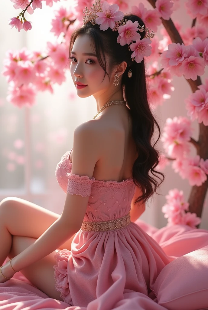 (beautifull lady with very gigantic breast, medium ponytail hair, wear kebaya prown pose show her sexy back on luxury pillow near pink sakura tree) ,(detailed strapless luxury pink bra), (detailed kebaya), (flower earring), (flower crown), (show cleaveage), (show underboobs) , (show sideboobs), (show thigh), (detailed flower hairpin), (detailed flower underboobs ornament), (detailed luxury flower chest ornament), (detailed luxury flower arm ornament), (detail flower hips ornament), expensive detailed flower necklace, (very gigantict:1,9), beautifull pink sakura tree, detail sakura tree, detail pink flower field, detail pink flower background, beautifull face, pretty face, beautifull eyes, beautifull nose, sexy lips, pink nails, raytracing, nsfw, beautifull fingers, beautifull hands, sexy back, sexy shoulders, sexy legs, sexy hips, (luxury bracelet), (luxury ring), (luxury earring), (luxury necklace), (4 fingers in 1 hand), white skin, full body picture, pretty makeup, ((low angle camera)),(masterpiece, best quality:1.2),(8k,highres,RAW photo,realistic,photo-realistic:1.3),(detailed skin texture,detailed cloth texture,beautiful detailed face:1.25),professional lighting,photon mapping,beautiful soft light,radiosity,physically-based rendering,model shoot style, model shoot style, (extremely detailed CG unity 8k wallpaper), full shot body photo of the most beautiful artwork in the world, complex 3d render ultra detailed, looking at viewer, 18 yo, wet hair, real human skin, vibrant details, hyperrealistic, beautiful, octane render, 8k, best quality, masterpiece, an extremely delicate and beautiful, extremely detailed ,CG ,unity ,wallpaper, (realistic, photo-realistic:1.37),Amazing, finely detail, masterpiece,best quality,official art, extremely detailed CG unity 8k wallpaper ,extreme detailed eyes, (perfect face), shiny skin, colorful, highest detailed, vibrant colors, ultra high res, (high contrast), intricate, lens flare, ((bigger head)) naked