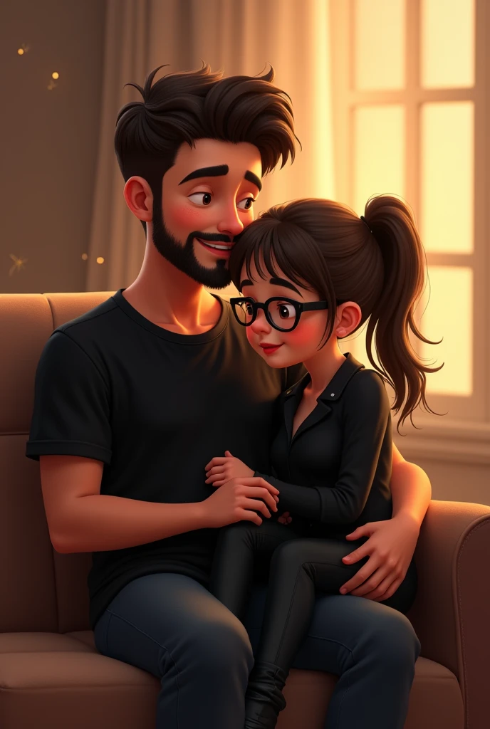 Image of a cute couple girl sitting on boy lap and boy is tall and mascular and girl is wearing specteles and cute both wearing black and bpy have litte beard and moustache girl is also tall sitting on sofa girl with ponytail