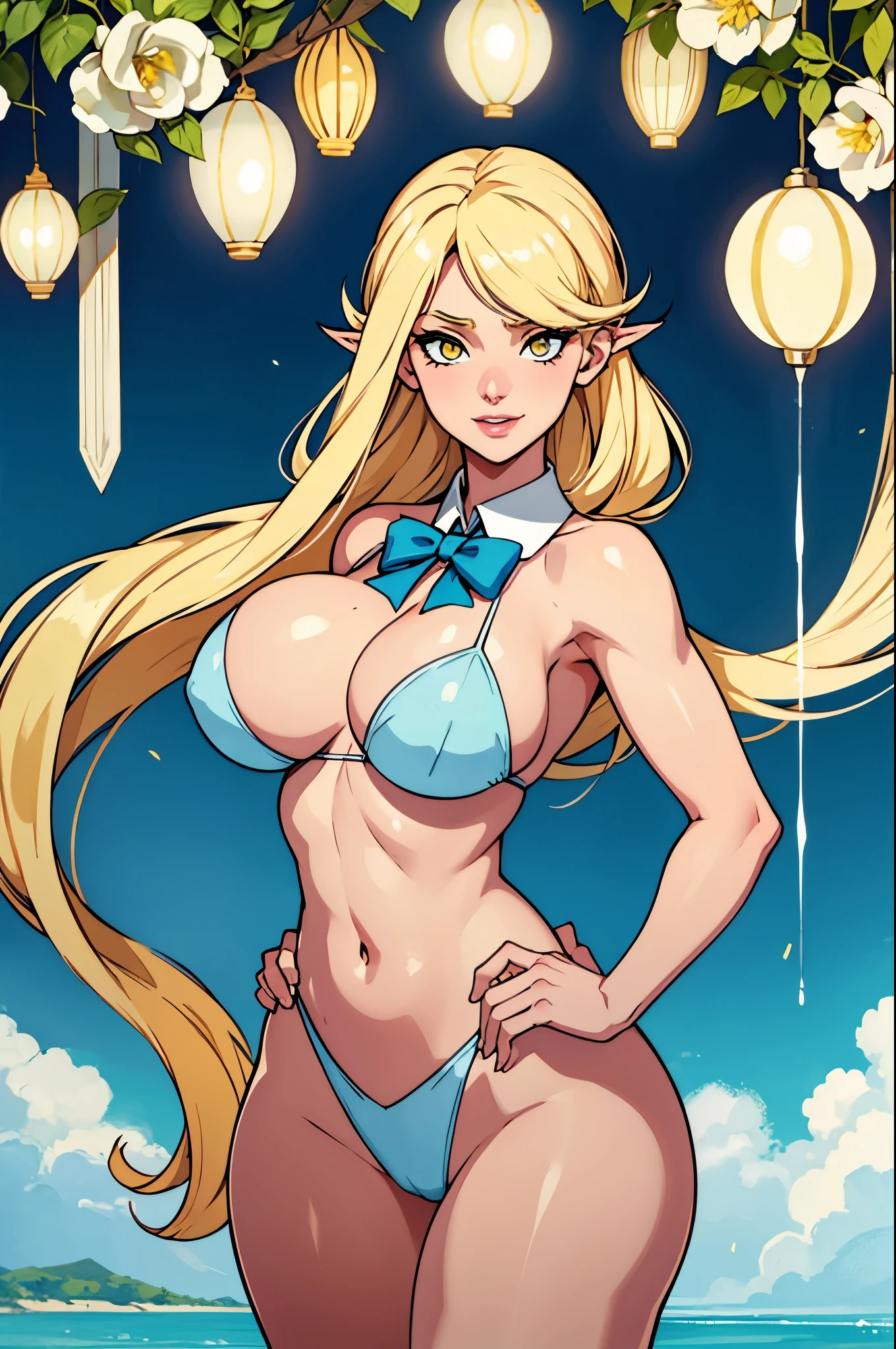 ultra HD, Eleven now , with gigantic breasts: 1.4 and blond hair , long ear, light blue and deep yellow eyes, Full lips, attractive, souriant, with a bow in their hands in their left hands, in general plant in a cascade
