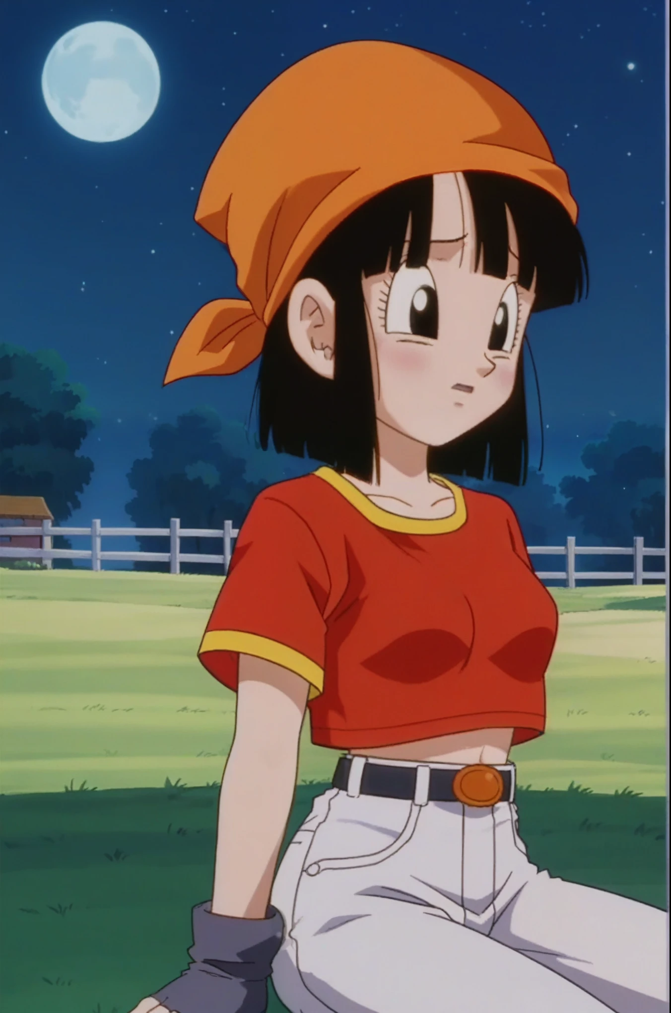 source_anime, score_9, score_8_up, score_7_up, anime screencap,
pangt, 1girl, sad, bangs, closed mouth, melancholic, lost look, blushing, brick town, stars, black hair, field, evening, full moon, moonlight, looking into space, collarbone, whole body, teeth, blunt bangs, outdoors, black eyes, eyelashes, upper teeth only, close-up, red crop top, bandana, retro artstyle, , 1990s \(style\), orange headwear, sitting, medium ass, medium breasts