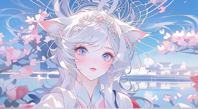 A girl with white hair and ears pointing to the sky, beautiful 猫girl, cute 猫girl, Cat ears girl, White cat lady, 猫girl, very beautiful , pretty girl, soft, Cute cat visuals,soft顔, 8k,