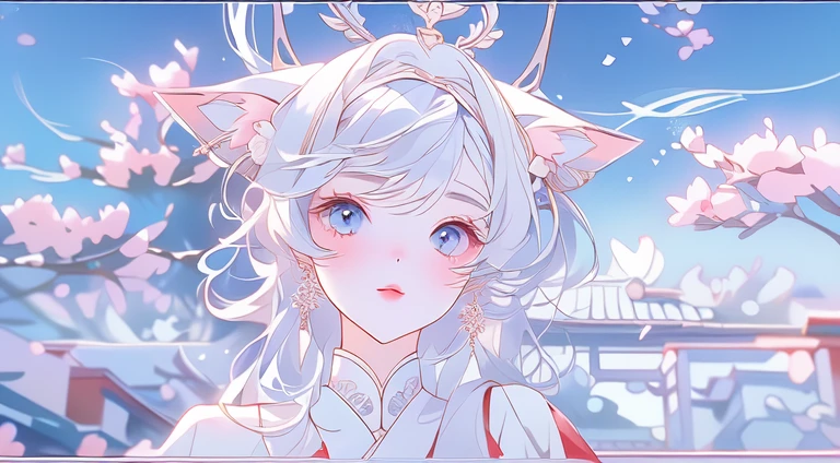 A girl with white hair and ears pointing to the sky, beautiful 猫girl, cute 猫girl, Cat ears girl, White cat lady, 猫girl, very beautiful , pretty girl, soft, Cute cat visuals,soft顔,  8k,