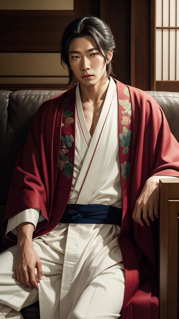 Anime scene of a man in a kimono sitting on a sofa with a man in a kimono, Inspired by Uragami Gyokudō, Goro and Kunkle, Inspired by Itō Shinsui, ((Wear a noble robe.)), in a robe, Inspired by Goyō Hashiguchi, commission for high res