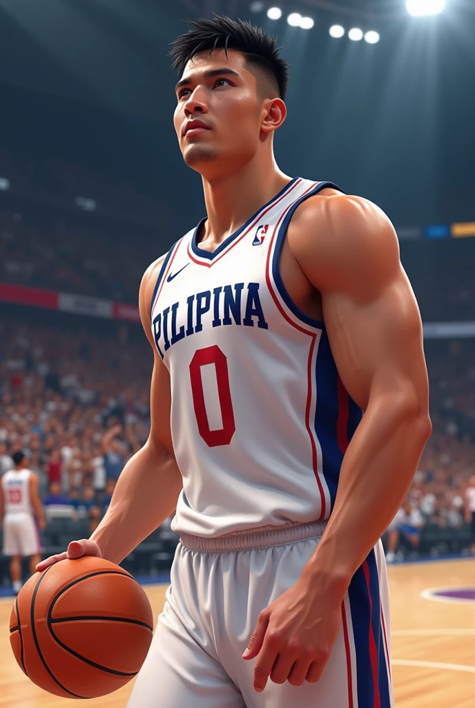 Make me a basketball player.
Height: 6'1
Skin: light
Hair: STRAIGHT
Jersey number: 0
Body type: muscular
Nationality: Filipino