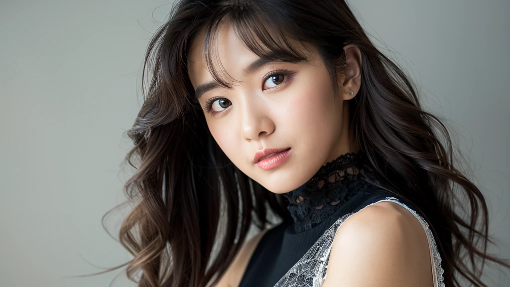 (Detailed face),vivid,(Lace fabric)Sleeveless turtleneck,4K,Ultra-high resolution,(Photorealistic:1.7),Gray background,Black long hair,