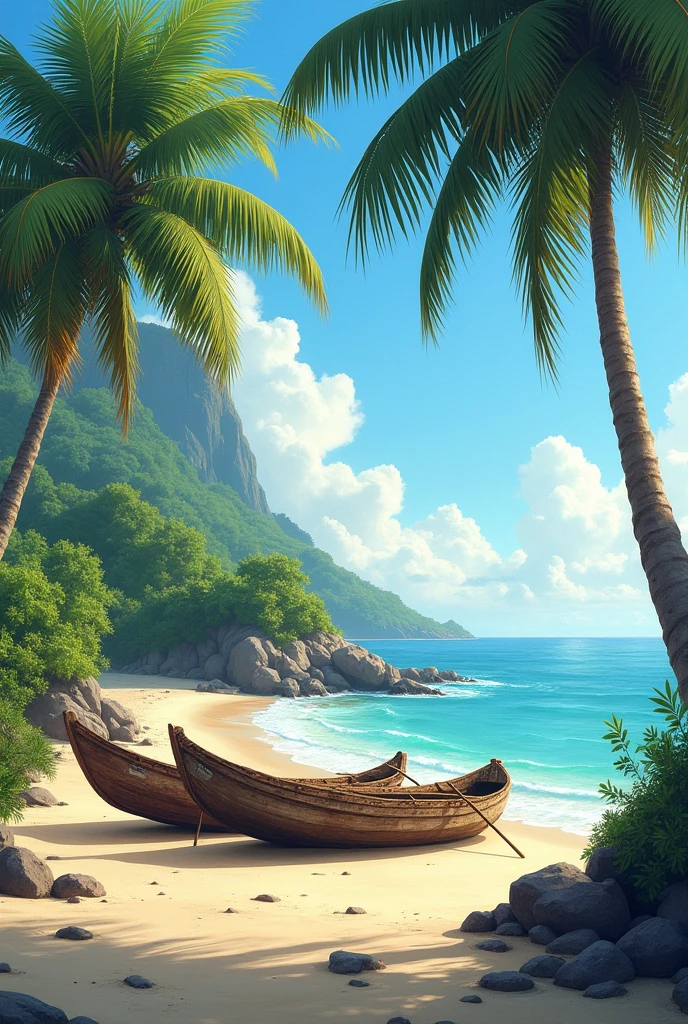 Landscape of a beach with fishing canoes in a painting style