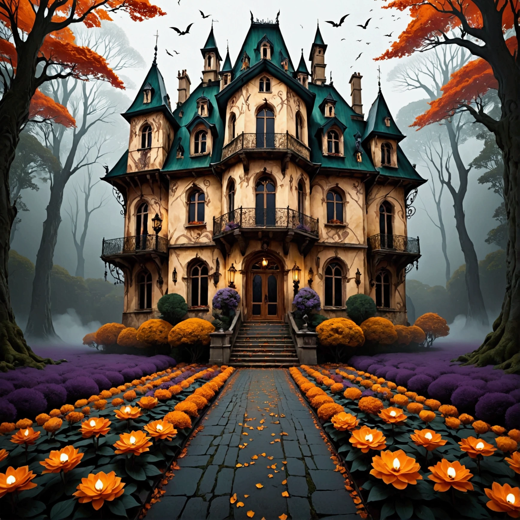 Crée un décor magique inspiré de l'univers des sorcières dans un style de manga ou d'animé. La scène doit dégager une atmosphère à la fois envoûtante et inquiétante, où des couleurs vibrantes comme le violet profond, l'orange brûlant, le rouge cramoisi et le noir sombre dominent le paysage. Imagine une forêt mystique ou un vieux château envahi par la végétation, où la sorcellerie est omniprésente. L'architecture et l'environnement doivent évoquer un sentiment de mystère et de magie noire, avec des brumes tourbillonnantes, des runes lumineuses, et une flore enchantée. Le ciel pourrait être teinté d'un crépuscule menaçant, projetant de longues ombres sur la scène, tandis que des bougies vacillantes ou des lanternes flottantes illuminent les environs d'une lueur inquiétante.