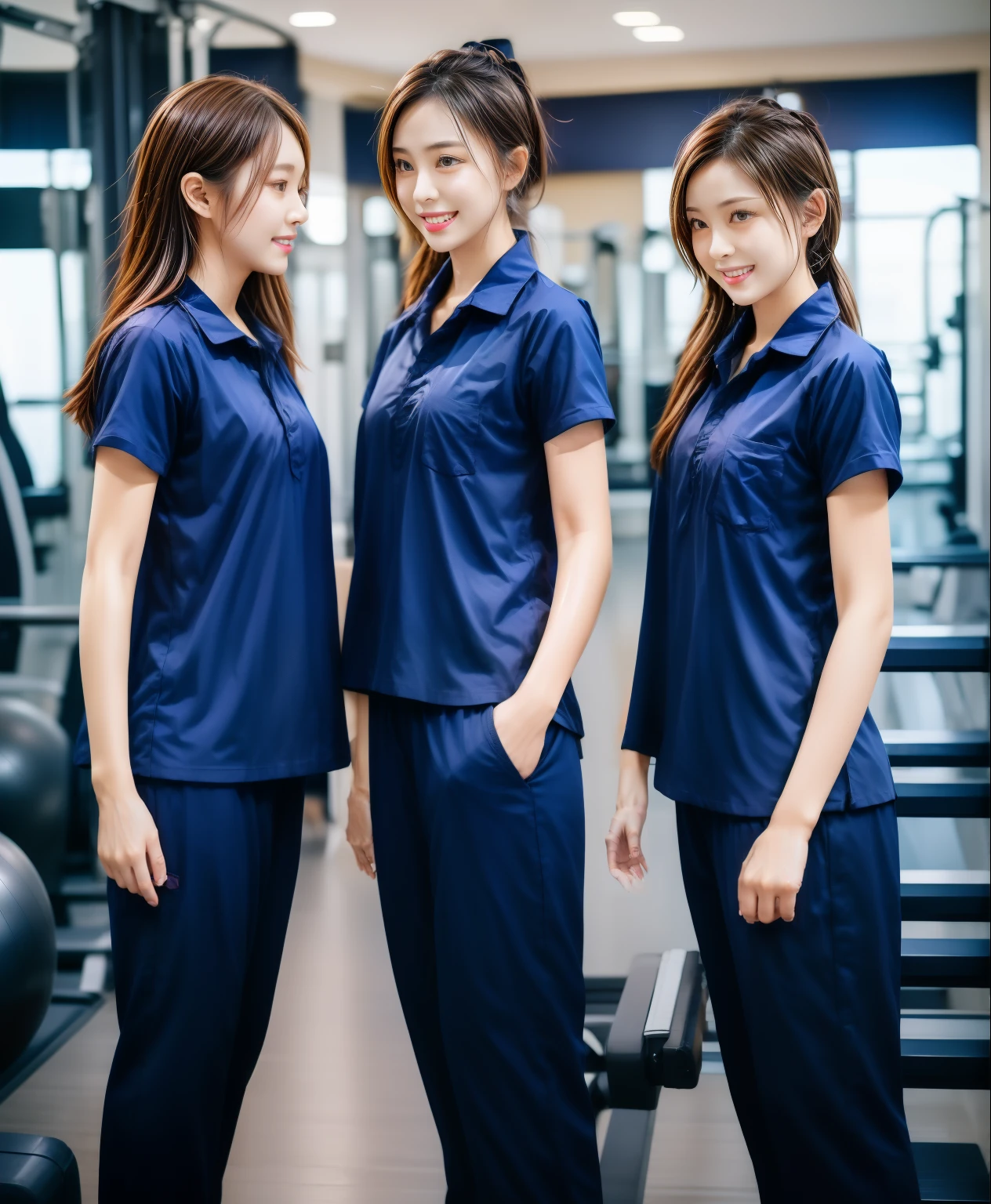 3 girls in fitness center, Navy blue short-sleeved shirt,Navy Long Trackpant,Sweatpants, Sweatpantsขายาว,25 year old girl, lesbian, sexy, exercise clothes, wet body, exercise clothes