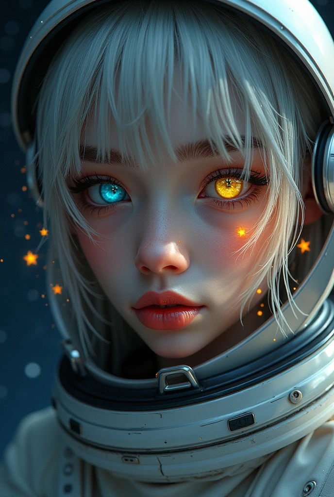 A closer look at a better masterpiece：1.5)0.9]、(Space and astronauts：1.2) (Disheveled silver hair：1.1) (Heterochromia and Yellow and Blue Eyes：1.2) (Space Helmet：1.0) (Colored stars in the eyes：1.0) (Shining Light：1.1) (Thick lips：0.9)