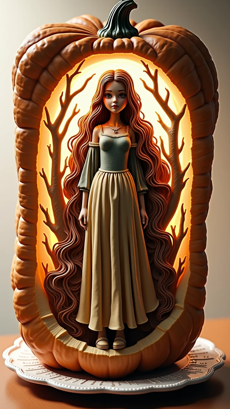 (A carving of a cute girl standing inside a large pumpkin：1.1），（miniature whole body），Beautiful long-haired girl，retro long skirt，16k，Orange，relief， and honest background：on the plate on the dining table，Fruit carving，food engraving，Three-dimensional engraving，food sculpture design， close-up, rotated, rococo style, Classicism, depth of field, UHD, masterpiece, ccurate, super detail, high details, high quality, award winning, best quality, highres, 16k，soft light lighting，