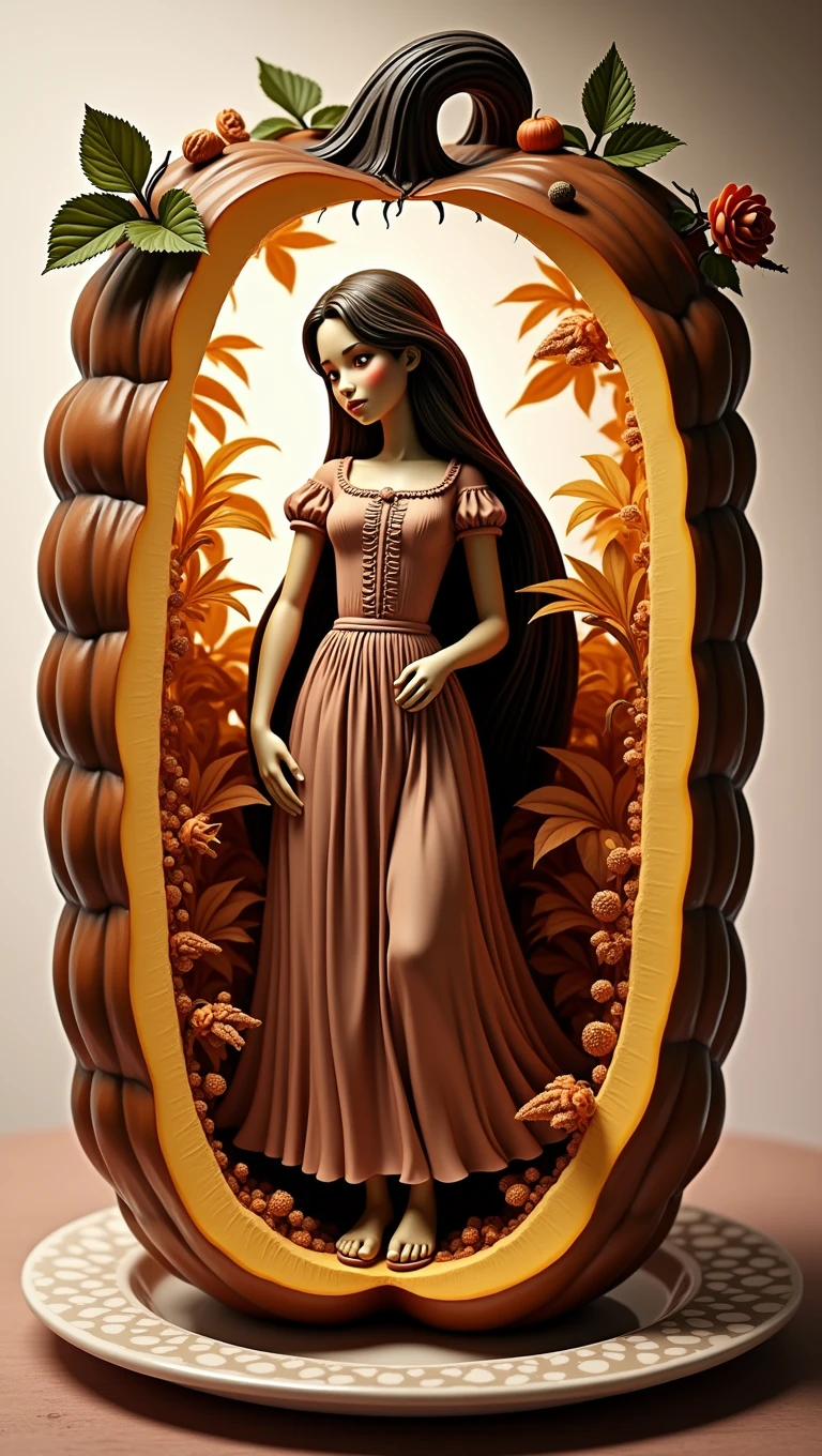 (A carving of a cute girl standing inside a large pumpkin:1.1),(miniature whole body),Beautiful long-haired girl,retro long skirt,16k,Orange,relief, and honest background:on the plate on the dining table,Fruit carving,food engraving,Three-dimensional engraving,food sculpture design, close-up, rotated, rococo style, Classicism, depth of field, UHD, masterpiece, ccurate, super detail, high details, high quality, award winning, best quality, highres, 16k,soft light lighting,