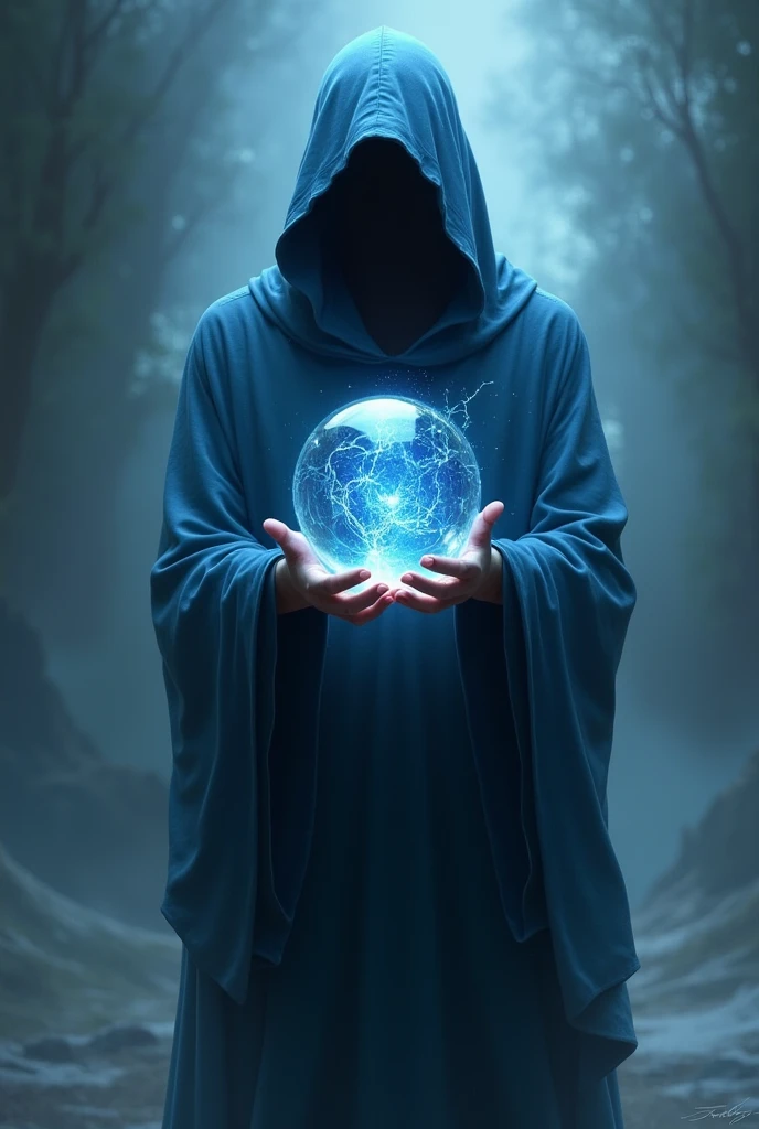 A mysterious blue shirt wearing person holding a glass ball from where the electric sparkle reflects