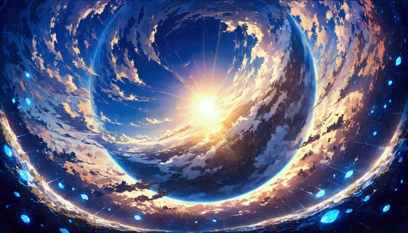 Blue Earth seen from the moon、Enhance the overall feeling of calm and comfort emanating from the image、The sun is visible deep inside the earth