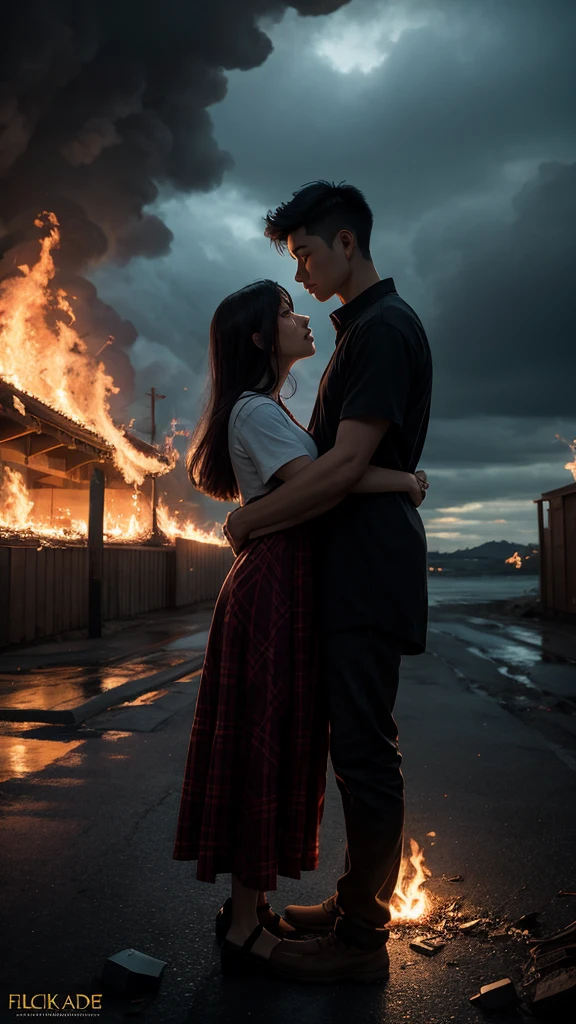 A captivating aerial portrait of a young Korean couple, one man and one woman, in a romantic and dramatic scene. The man confidently wears a flannel shirt and white T-shirt, while the woman gazes into his eyes with a mix of love and desire. They share a tender, romantic lift hug, standing tall against the backdrop of a somber and foreboding scene. Dark clouds loom overhead, and ominous structures cast dramatic shadows. A tragic event unfolds in the distance, with flickering flames of orange and red illuminating the gloomy atmosphere. The composition masterfully captures the intricate details of their attire and the intensity of their connection. The photograph exudes a cinematic quality, immortalizing a poignant and emotional moment in time.