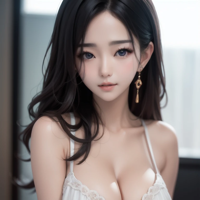 realistic photo (1 cute korean actress) long straight hair, subtle makeup, medium breast, long dress, Close-up, Sharp facial features on Canon EOS camera High resolution 8K, sharp detail, Really