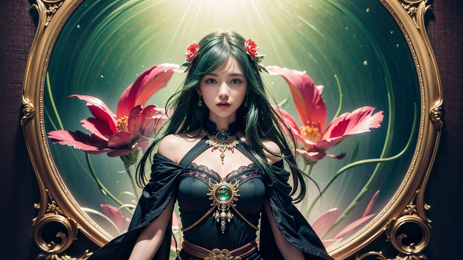 (masterpiece, Highest quality, Highest quality, Official Art, beautifully、aesthetic:1.2), (One girl:1.3), (Fractal Art:1.3), card, Tarot, Green Hair, Twin Blade, Hair Flower, (Good lighting:1.1), ((High resolution)), Tarot card style