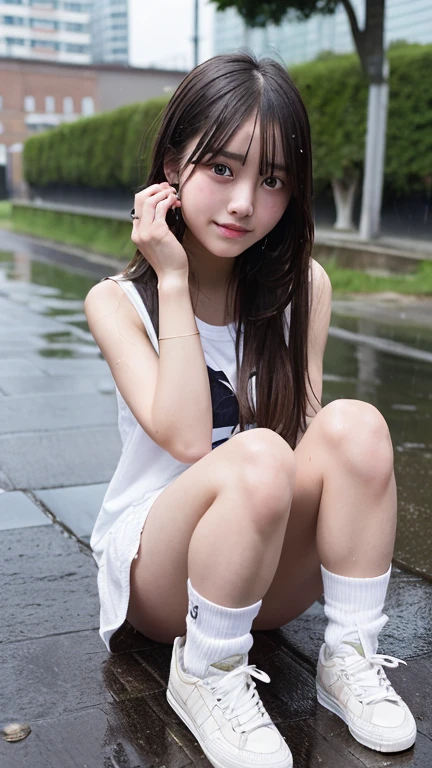 Best image quality, masterpiece, Ultra-high resolution, (Faithfulness:1.4), photograph, high school girl、 Torn uniform, White sneakers, dim, darkness, despair, disappointing, poor, movie, tears, tears滴, Exposing shoulders, Real Rain, Wet Hair,..smile、Transparent skin
