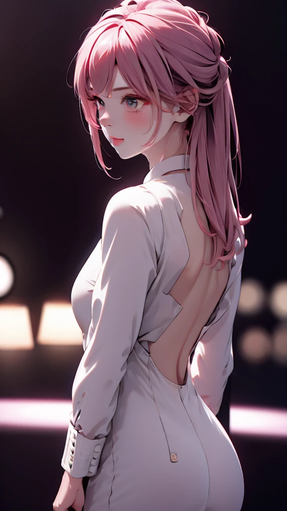 1 Girl, medium light pink hair, light white eyes, wearing Black Suit 4D , night club TOWN 18+, high res, ultrasharp, 8K, masterpiece, looking from behind