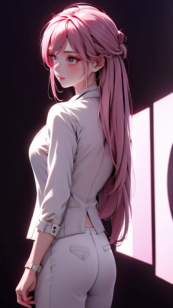 1 Girl, medium light pink hair, light white eyes, wearing Black Suit 4D , night club TOWN 18+, high res, ultrasharp, 8K, masterpiece, looking from behind