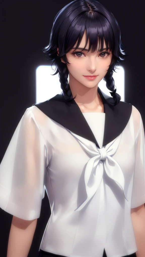 (（（Perfect body,White and tender skin,（（（JK_style，short-sleeved JK_shirt，short-sleeved JK_sailor，JK_suit，JK_tie ）））,（（（sui-feng, short hair, short hair with long locks，Black hair））），((masterpiece)),high resolution, ((Best quality at best)),masterpiece,quality,Best quality,（（（ Exquisite facial features,Looking at the audience,There is light in the eyes,Smile））），）））,（（（Light and shadow,Small chest，）））,（（（Looking at the camera,black background,)））),