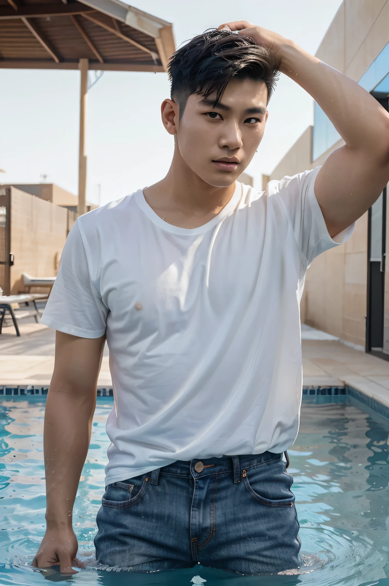 Korean man 20 years old, handsome, muscle, golden ratio face, black undercut hair, wearing white tshirt and jeans, swimming in swimming pool middle the desert of west Australia, a hand, realistic