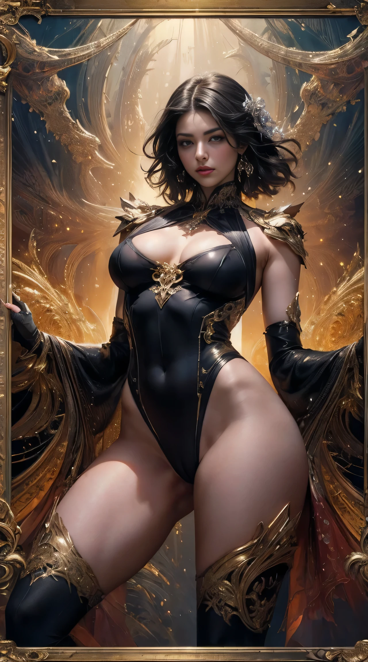 (masterpiece, top quality, best quality, official splash art, beautiful and aesthetic:1.2), (1girl:1.3), (fractal art:1.3), sexual teasing, open legs, legs spread wide open, busty, curvy hips, sheer transparent bodysuit, skimpy, cameltoe