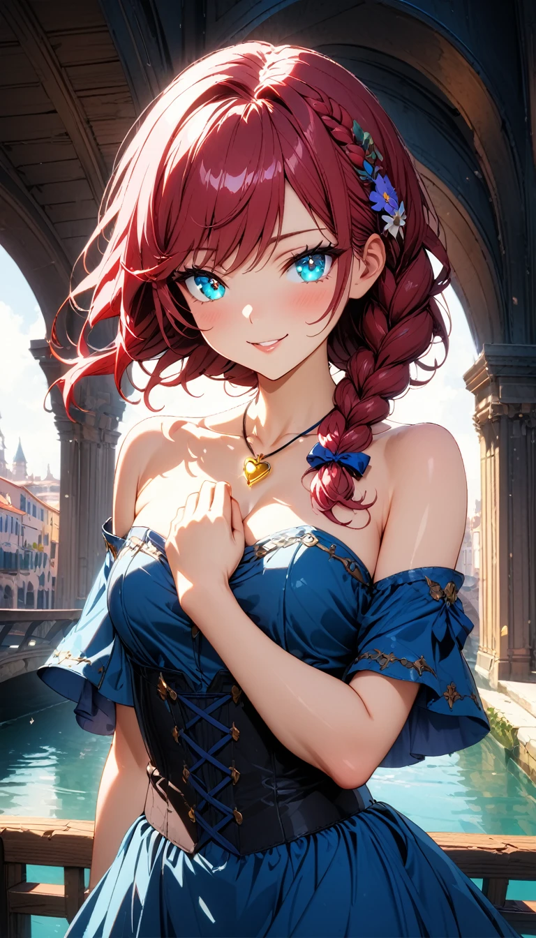 (masterpiece, very aesthetic:1.4), best quality, incredibly absurdres, Accurate, intricate, 8K, stunning, stylized, 
ultra-detailed, (incredibly detailed:1.2), simplified details, fine texture, 
cinematic, recent, (vibrant), (clear pictures, clean lines, crisp edges), (illustration:1.2), (soft lighting:1.2), 
cowboy shot, 
BREAK 
1 beautiful girl, 18yo, small face, beautiful detailed face, narrow waist, The beauty and danger of growing from a girl to an adult, A symbol of miraculous beauty, Graceful posture, sensual, bewitching woman,  (cleavage:0.8), 
(burgundy red hair, a long single braid hair:1.4), smooth hair, asymmetrical bangs, 
BREAK 
 (aqua blue eyes), (beautiful detailed eyes:1.3), (slant eyes, glowing eyes, finely detailed irises, long delicate eyelashes:1.2), 
BREAK 
(navy blue  dress, off shoulder, Strapless dress, Sleeveless:1.3), (black corset), (a tiny heart-shaped golden colored ring pendant:1.4), 
BREAK 
 A fantasy world cityscape, sunny afternoon, A city resembling Venice with canals, (Leaning against the railing of a bridge over a large river), Bright lighting, Beautiful world, Blown by the gentle wind, Soft sunlight that induces afternoon drowsiness, 
BREAK 
gorgeous lips, natural pink lips, beautiful detailed lips, Glossy, 
(seductive smile:1.3), (looking side glance), (left hand on own chest:1.2), perfect eyes, 