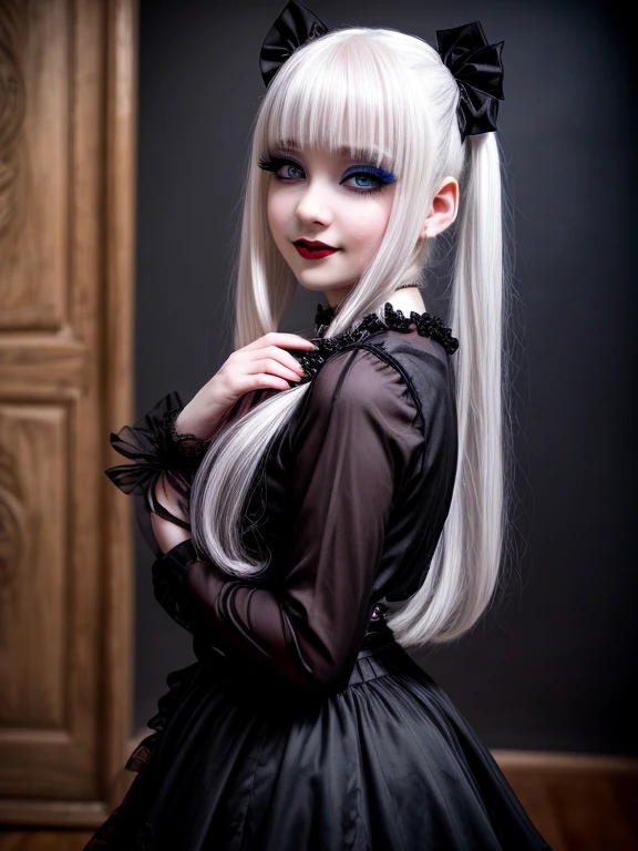 female sexy vampire|albino, pale porcelain skin, sexy vintage black dress, black skirt, (6 years old, loli:1.7), smile, shallow depth of field, grin|creepy, nightfall, detailed face, night, wide hips, narrow waist, portrait of woman standing, detailed eyes, portrait of woman standing, 8k RAW photo, highest quality, looking at the viewer, best shadow, intricate details, white hair, pigtails, cute, bright white eyes, mascara, eyeshadow, gothic makeup, bedroom, (night:1.4), detailed background, blue dark lighting, dark blue aesthetic, gothic, goth detailed, highres, high qualilty, high saturation