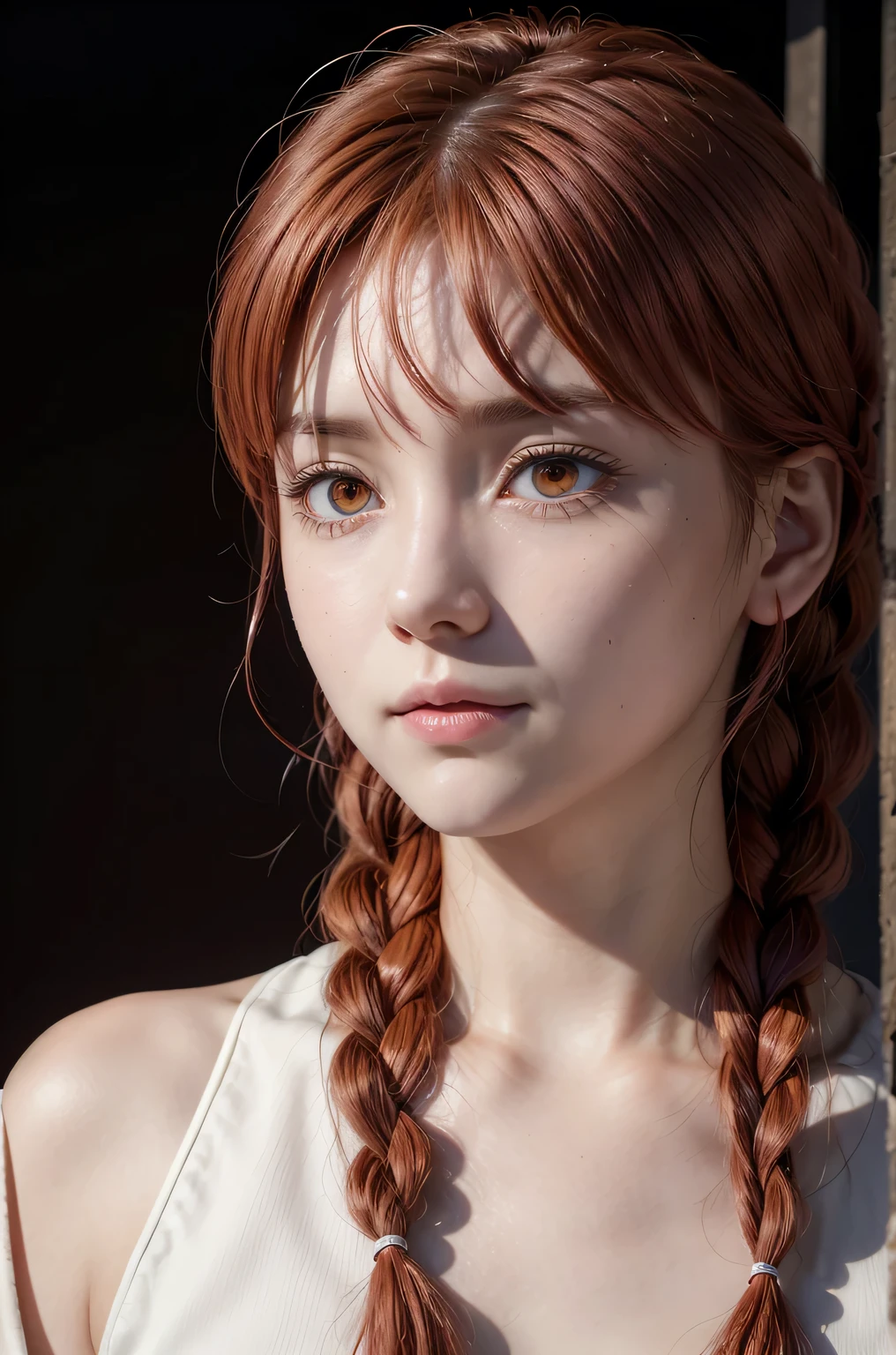 Makima, star eye, blush, perfect illumination, red braided hair, white skin, red eyes, large stif breasts, unreal engine, sidelighting, detailed face, bangs, bright skin, whote button shirt, simple background, dark background, far cowboy shot