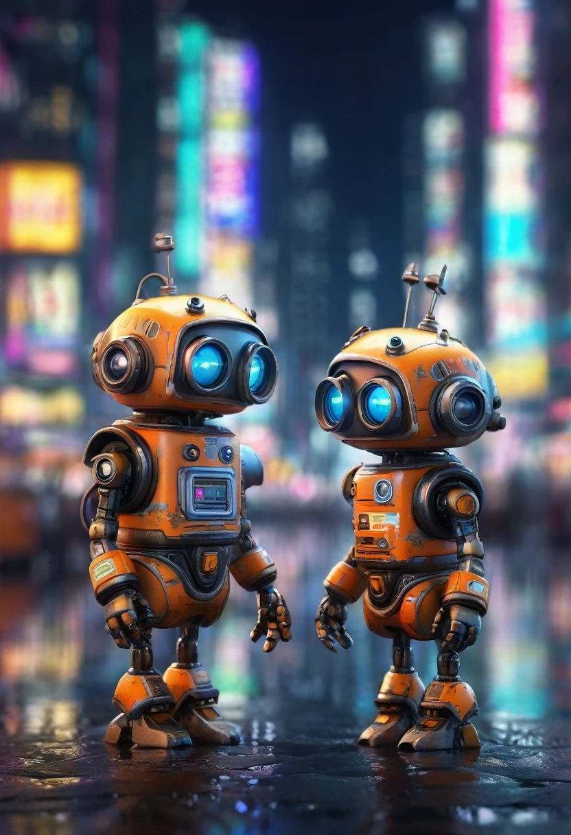 a highly detailed, masterpiece, night scene, two cute and comical robots conversing, small and adorable robots, blurred futuristic city background, professional lighting, cinematic, vibrant colors, dynamic composition, hyperrealistic, 8k, photorealistic, physically-based rendering, extreme detail, sharp focus, studio lighting