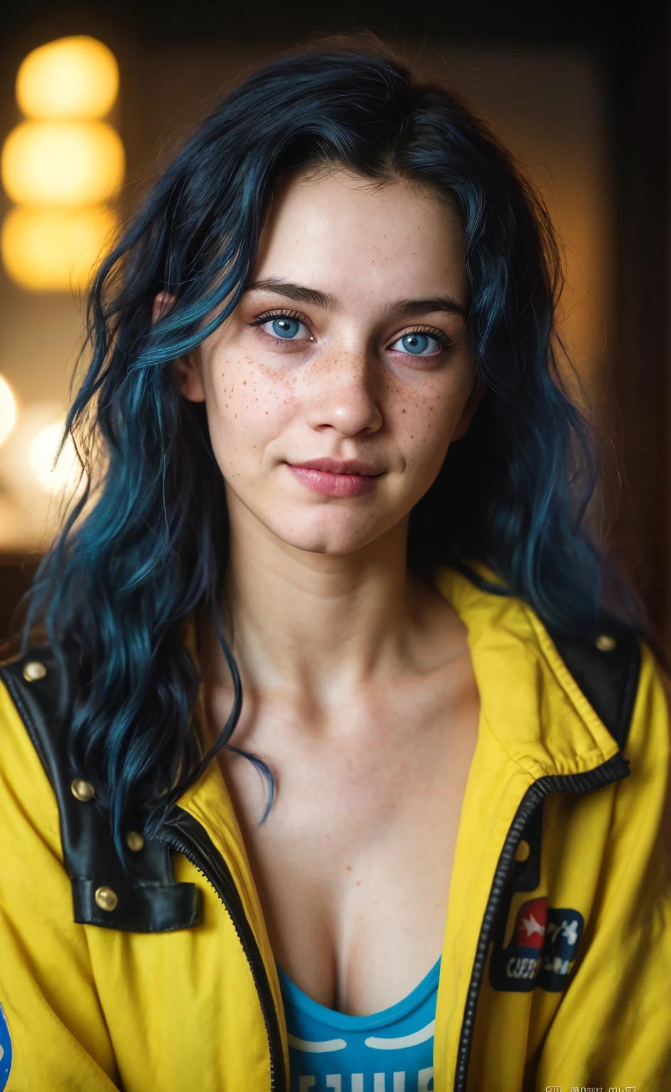 (close-up, editorial photograph of a 21 year old woman), (highly detailed face:1.4) (smile:0.7) (background inside dark, moody, private study:1.3) POV, by lee jeffries, nikon d850, film stock photograph ,4 kodak portra 400 ,camera f1.6 lens ,rich colors, hyper realistic ,lifelike texture, dramatic lighting , cinestill 800, wavy hair, messy hair, 80s hairstyle, Mischievous smirk, Blue hair, Blue eyes, freckles, white skin, black shirt, yellow jacket from cyberpunk 2077, european woman, european skin, european expression, Athletic, masterpiece, Astral Plane