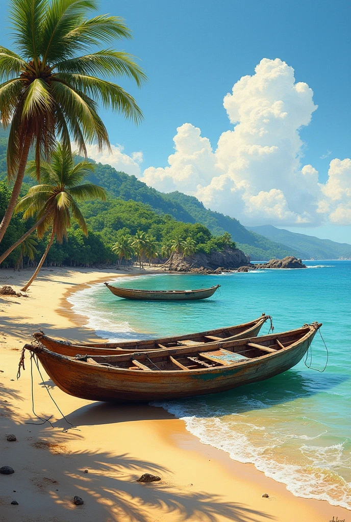 Landscape of a beach with fishing canoes in oil paint style 
