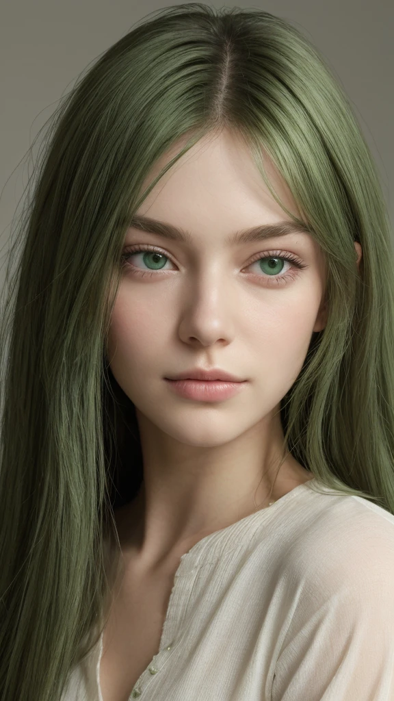 face portrait. a girl. european. half-closed eyes. green eyes. oval face. delicate features. long face. long straight hair. messy hair. green hair. happy. looking straight