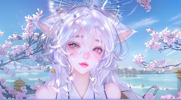 A girl with white hair and ears pointing to the sky, beautiful 猫girl, cute 猫girl, Cat ears girl, White cat lady, 猫girl, very beautiful , pretty girl, soft, Cute cat visuals,soft顔, 8k,