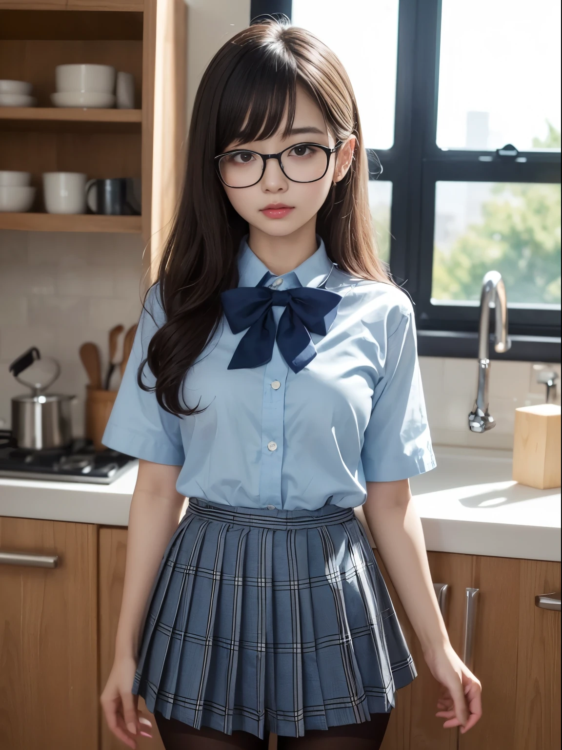 (8k、生photograph、Highest quality、masterpiece:1.2)、(Small eyes)、((Black Pantyhose))、((Small breasts)、(Small breasts)、(Small breasts)、(Cutting board)、(Cutting board))、((Half an eye))、((Sleepy eyes))、((Squint your eyes))、(Round Glasses)、One person、cute、JK、high school girl、Japanese women、Are standing、(PhotoReactive:1.37)、Photon Mapping、Real、(Very delicate face)、cute小さな顔、Brown eyes、(Red bow tie)、Radio City、Physically Based Rendering、Prospect、Character boundary depth、Blurred Background、photograph、girl、body、Beautiful feet、Long legs、Thin legs、(前hairが見える)、hair、lips、Blue_The目、Soft Nose、(Light blue shirt)、(Navy, blue and white plaid pleated skirt)、High school uniforms、See-through clothing、Thighs、black cotton socks、Nogizaka Idol、Japan Ido