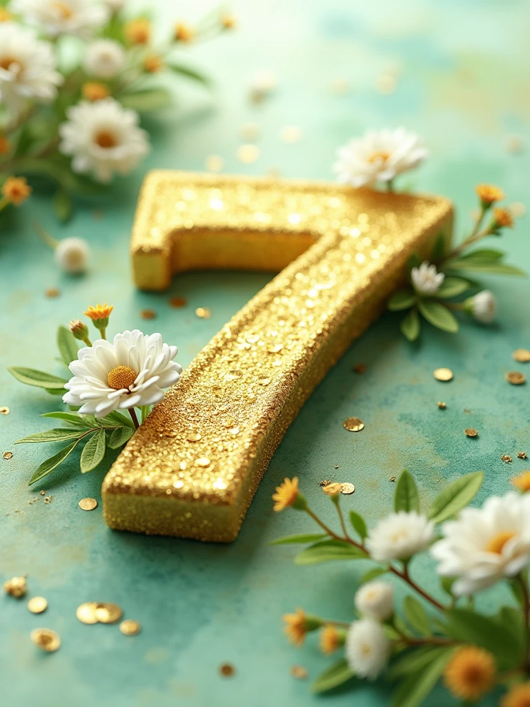 A flat 3D golden sparkling 7K with green and white flowers and golden leaves, lying on a  vibrant water color splash, backdrop of golden glittering particles  -