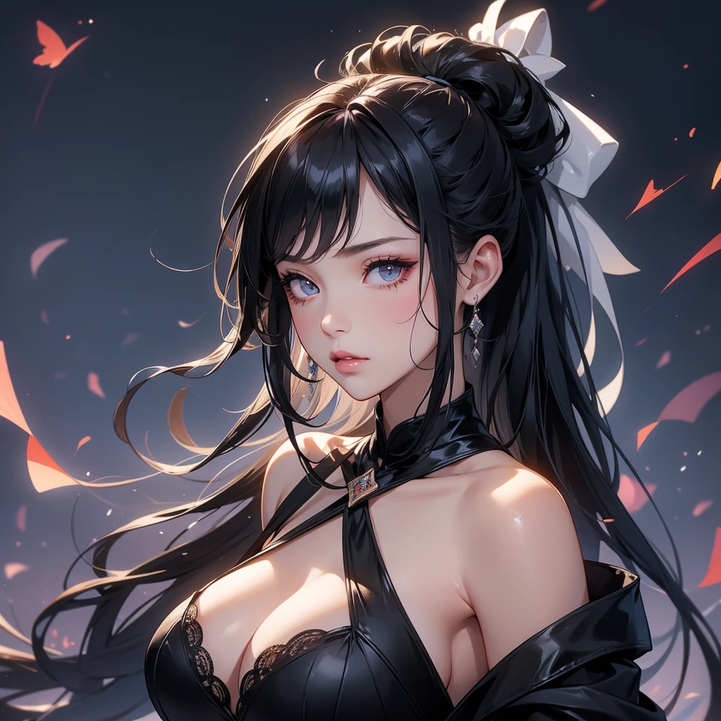 masterpiece, high quality, 4K, HDR,, Glamorous beauty in a sultry black negligee, with sleek black hair pulled up in a high ponytail, striking a confident pose with a doya face. Her tears create a sad yet captivating look, enhanced by the distinctive beauty mark below her left eye. The shot taken from a low angle, showcasing her splendid cleavage, against the backdrop of an enchanting dusk.