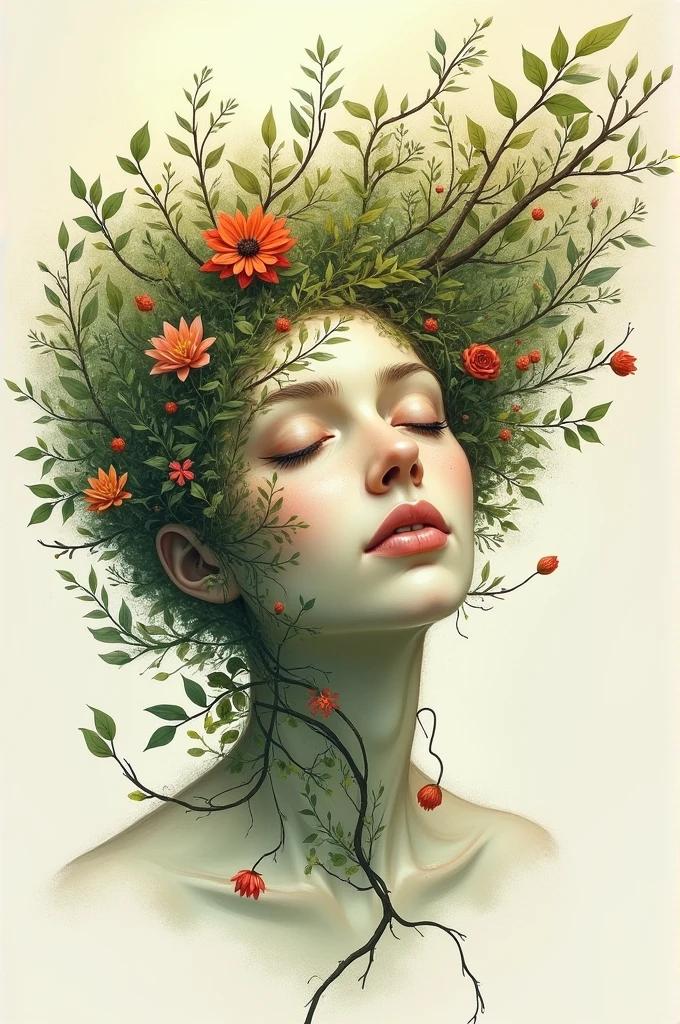 Image of a woman with a flower on her head, a digital painting masurrealism, flowers grow from the body, anatomy portrait, flowers that grow out of your body, anatomical bright colors, hyperrealistic anatomy pose, humanoid flora, Anatomical art, digital collages, Botanical anatomy, medical representation