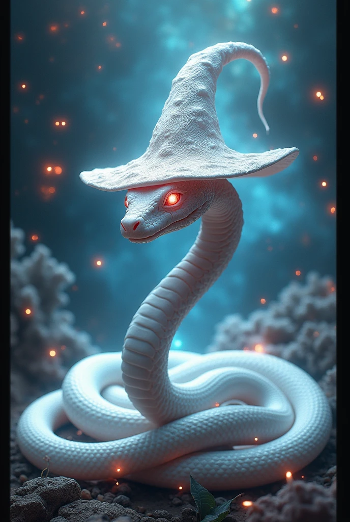 a white snake with a wizard's hat, surrounded by magical symbols, hat, witch's hat, no people, animal focus, animal, magic circle, staff, black border, belt, red eyes, ultra-realistic, hyper-detailed, 32k uhd,hyper-detailed,ultra-realistic, 8k,(Background Universe and Galaxy) (Background Magic Galaxy and Magic Universe)