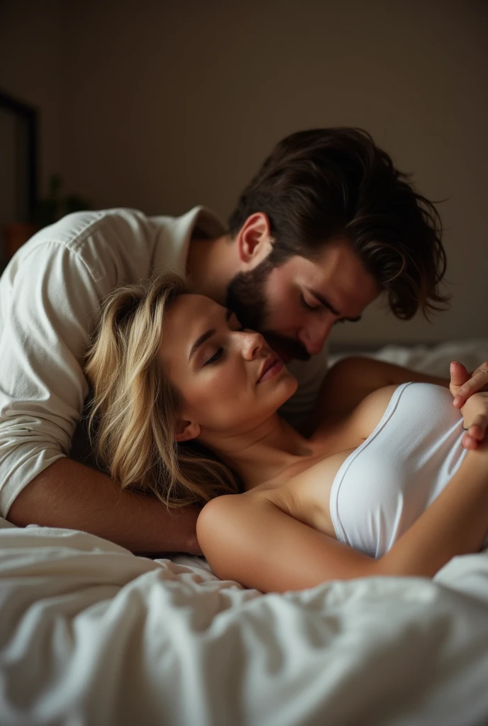A beautifull lady sleeping on a bed a man fucking her and loving