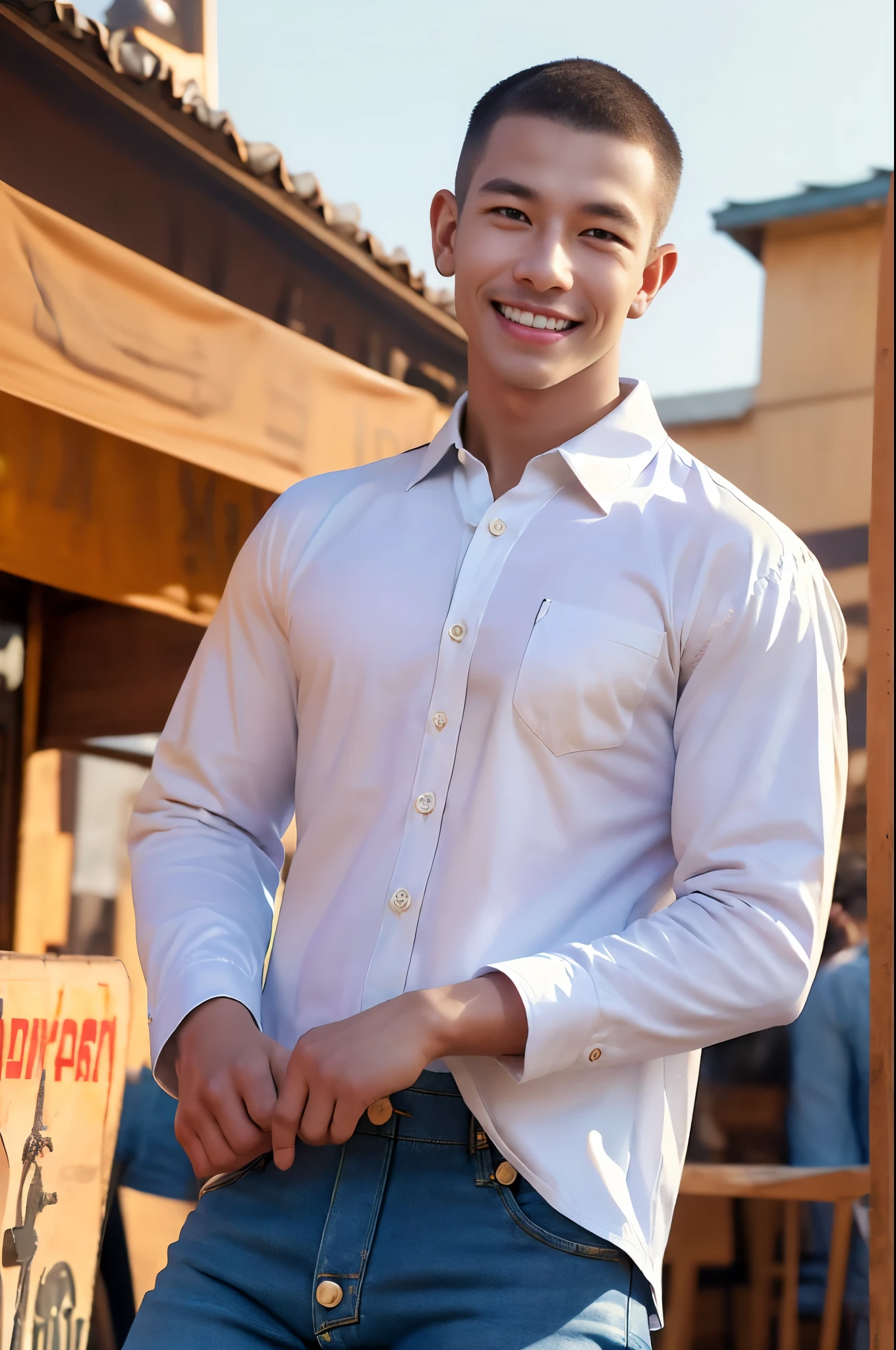 afmface ,Handsome young man smiles, showing teeth, selling merchandise, (have a mustache:1) ,(buzz cut:1.1), (short hair:1.2), The forearms are muscular.,  (Wear a tight white button-up collared shirt.:1.6), (Jeans:1.5), Big muscles, Handsome and muscular, full body angle, (outdoor market:1.3), natural light