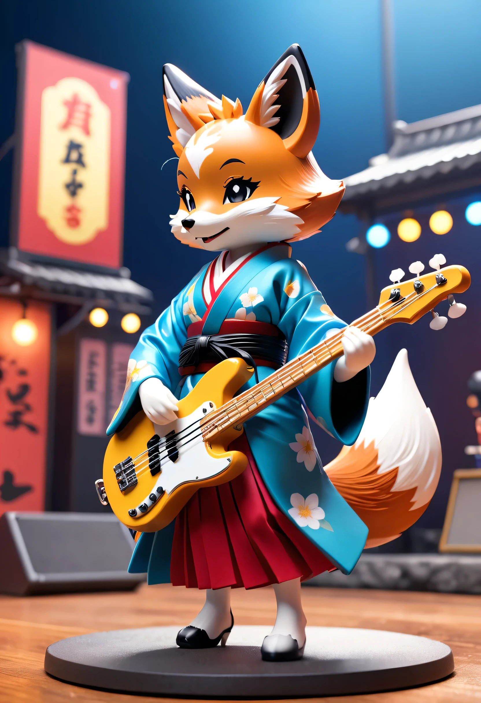 Esbian all over body、Cool fox、Pop Fox、Diorama、Simple Background、kimono、Playing electric bass、Rock and roll live stage、Best Quality, Capture the cutest moments, Depth of written boundary, Super detailed, Ultra-high resolution, Octadale, 8k, 16km race
