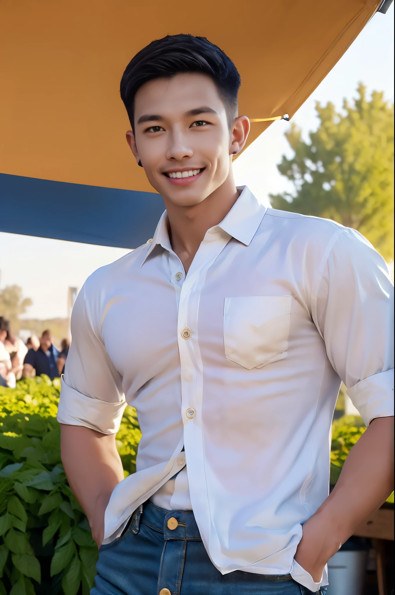 afmface ,Handsome young man smiles, showing teeth, selling merchandise, (have a mustache:1) ,(buzz cut:1.1), (short hair:1.2), The forearms are muscular., (Wear a tight white button-up collared shirt.:1.6), (Jeans:1.5), Big muscles, Handsome and muscular, full body angle, (outdoor market:1.3), natural light