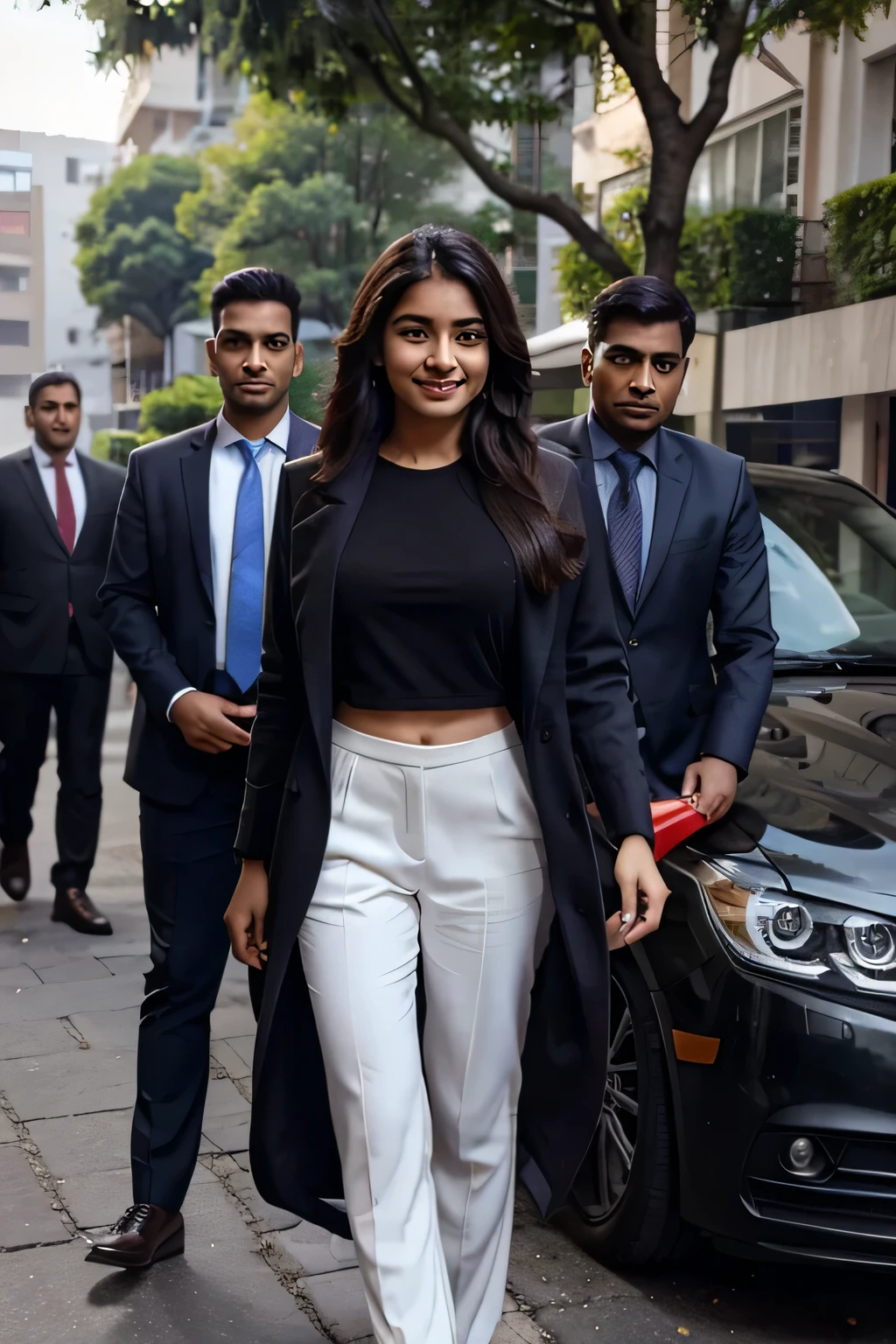 a 21 year old beautiful indian girl with lomg hair smiling face beautiful eyes wearing suit coat pant dress with her securities and personal bodyguards protecting her full pic taken from long distance
