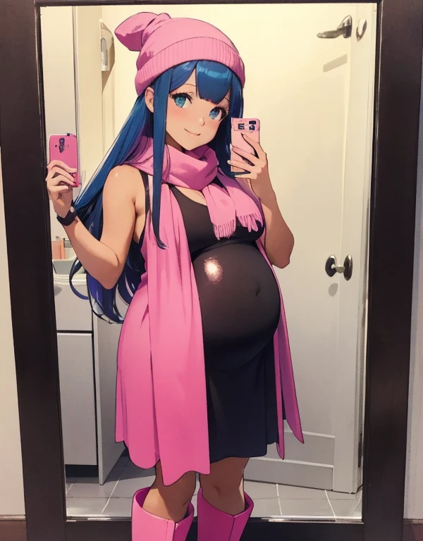 (best quality,4k,8k,highres,masterpiece:1.2),ultra-detailed,(realistic,photorealistic,photo-realistic:1.37)highres,portrait,beautiful pregnant girl,taking a selfie in a public bathroom mirror, full body,glossy reflection,\(pokemon\), beanie, long hair, blue hair, blue eyes, detailed eyes, beautiful eyes, black sleeveless shirt, pink scarf, pink skirt, pink boots, body shape, third trimester of pregnancy, down blouse,[metallic mirror],vibrant colors,soft lighting,hint of mystery,subtle smile,stylish outfit,impressive attention to facial details,expressive eyes,luscious lips,long eyelashes,shiny hair flowing down,urban backdrop,modern ambiance