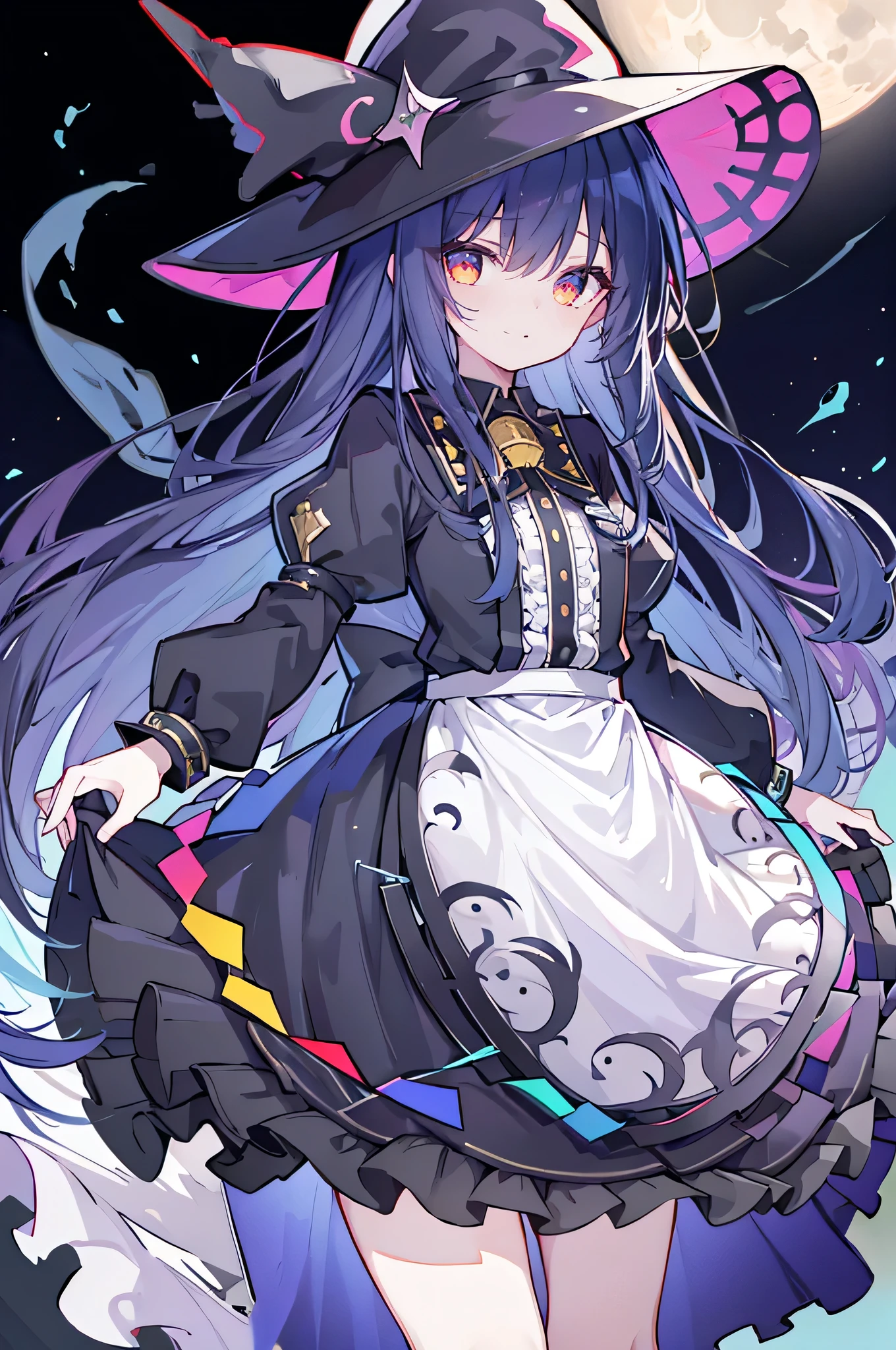 oung Girls,Humanity,A magician always smiles,big witch hat,cute,dark blue long hair,The eyes are dull,The bangs are heavy,Thin eyebrows,fantasy,intake,Double teeth,Star Theme,Constellation pattern,Solid color clothetal decoration,cloak,A bit of a dark atmosphere,A little crazy smile,When the big moon shines outside at night,blood,Hair black star embellishment,Short tie,No nails,High waist skirt,Bell sleeves,Long-sleeved shirt,Black tie,low risk,gentlemen。Mist、Yellow and white effect,Shocking pink as an accent color